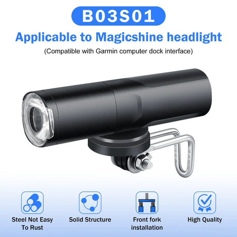 Center Fork Mount Bike Headlight Holder For Cycling Rotatable Steel And Plastic Bracket with Magicshine compatibility displayed
