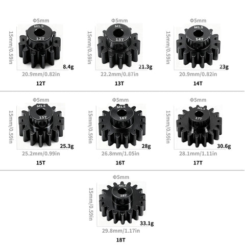Hardened Carbon Steel RC Pinion Gear Set 5mm Bore, 12T-18T, Direct Replacement For TRAXXAS Losi RC Cars, assorted gear sizes displayed