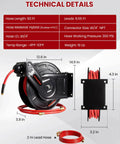 Hardcore Workhorse Retractable Air Hose Reel Runs 50 Ft Of Hybrid Polymer Tubing With Slick Auto Rewind Tech And Heavy Duty Steel Arm Wall Mounted, showing technical details.