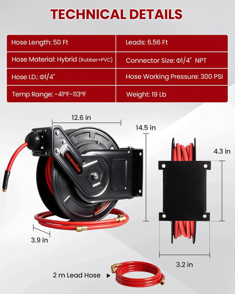 Hardcore Workhorse Retractable Air Hose Reel Runs 50 Ft Of Hybrid Polymer Tubing With Slick Auto Rewind Tech And Heavy Duty Steel Arm Wall Mounted, showing technical details.