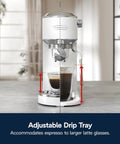 Compact Espresso And Cold Brew Coffee Maker Featuring Built In Milk Frother Wand For Next Level Iced Lattes with adjustable drip tray.