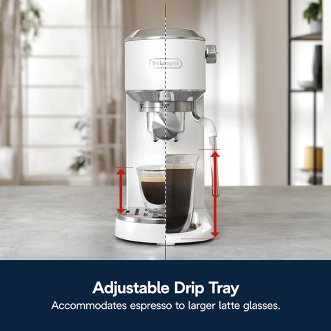 Compact Espresso And Cold Brew Coffee Maker Featuring Built In Milk Frother Wand For Next Level Iced Lattes with adjustable drip tray.