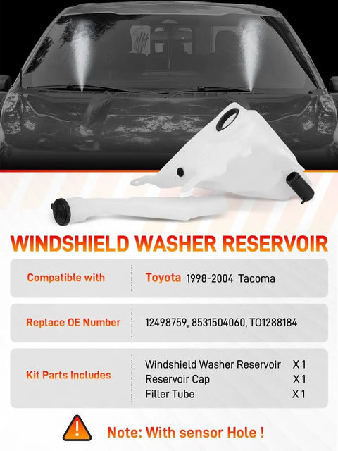 Windshield Washer Reservoir With Cap And Sensor Hole Bottom Dropin Replacement Tank For Toyota Tacoma 1998 To 2004 Replaces OE 8531504060 TO1288184 85315 04060 12498759 Ready To Install