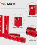 Pro Grade Aluminum Corner Clamps For Woodworking Must Have 90 Degree Right Angles with metric and imperial scales shown