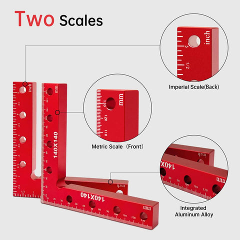 Pro Grade Aluminum Corner Clamps For Woodworking Must Have 90 Degree Right Angles with metric and imperial scales shown