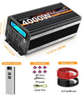Top Notch 4000 Watt Power Inverter Juices Up Your Rig Converting 12V Dc To 110 Or 120V Ac For Rvs Cars And Off Grid Solar Builds With Wireless Remote Smart LCD and Fast Charge Ports, showing black aluminum housing and LCD display.
