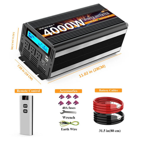 Top Notch 4000 Watt Power Inverter Juices Up Your Rig Converting 12V Dc To 110 Or 120V Ac For Rvs Cars And Off Grid Solar Builds With Wireless Remote Smart LCD and Fast Charge Ports, showing black aluminum housing and LCD display.