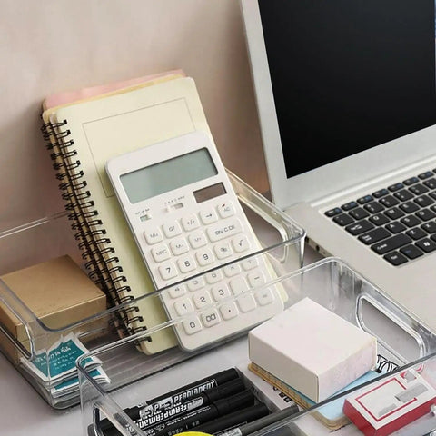 Clear Plastic Storage Bins And Pantry Organizers That Are A Total Game Changer For Kitchen Closets Fridge Freezer Bathroom Medicine Cabinets And Laundry Rooms To Kick Clutter To The Curb And Keep It Legit Tidy, featuring a calculator and notebooks.