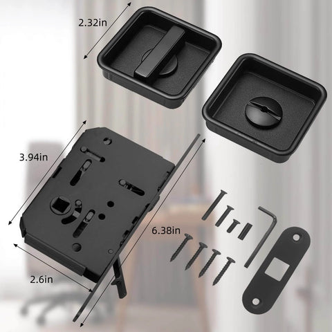 Pocket Door Lock Hardware Set With Privacy Handle And Hidden Pull Recessed Latch For 1.77 To 2 Inch Thick Wooden Doors In Square Black Finish And Easy Install For Quick Updates, including dimensions and installation screws.