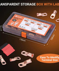 Heavy Duty Battery Terminal Kit With Copper Lugs And Ring Terminals, 40 Piece Set with storage box and labeled sizes.