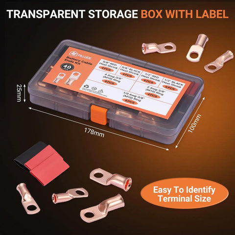 Heavy Duty Battery Terminal Kit With Copper Lugs And Ring Terminals, 40 Piece Set with storage box and labeled sizes.
