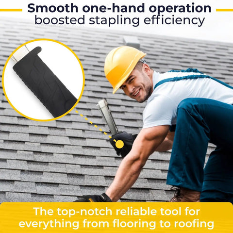 Heavy Duty Hammer Tacker Stapler For 3/8 Inch Crown Staples One Hand Operation Manual tool in action on roofing project.