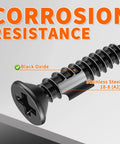 Pro Level No Hassle No 8 X 1-1/4 Black Oxide Flat Head Phillips Wood Screw demonstrating corrosion resistance and stainless steel material.