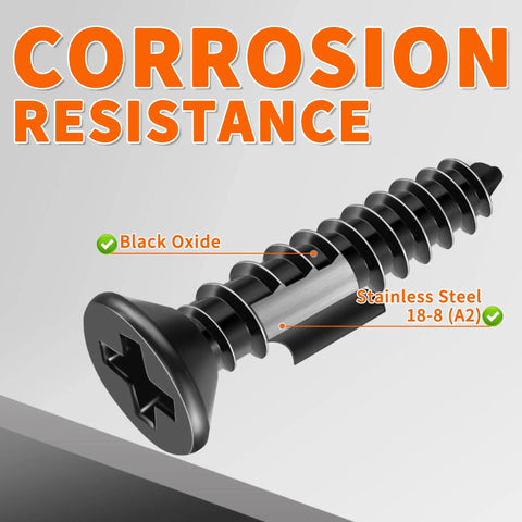 One Hundred Pack Of Number Six By Five Eighth Inch Stainless Steel Wood Screws Premium Grade Black Oxide Coating close up showing corrosion resistance details