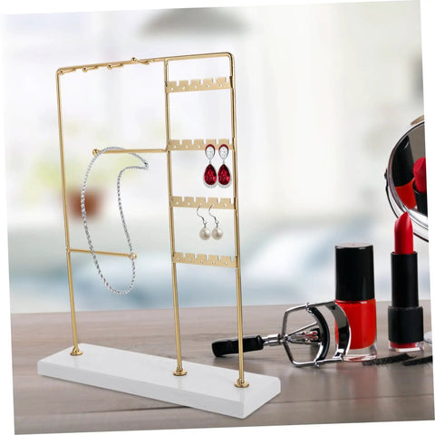 Spin Your Daily Drip Easily With This Smooth Rotating Jewelry Tree Stand Constructed From Premium Iron And Solid Marble For Necklaces And Earrings Storage, gold iron stand displaying earrings and necklaces.