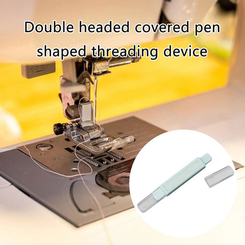 Pen Shaped Needle Threader With Protective Lid For Quick Threading In Sewing And Embroidery Projects Handy Pro Grade Pocket Tool For Home Crafters And Pros Alike blue ABS metal double-ended threader shown by sewing machine