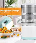 Handheld Citrus Juicer Electric For Oranges Lemons Limes USB Rechargeable Portable Squeezer with clear fruit chamber.