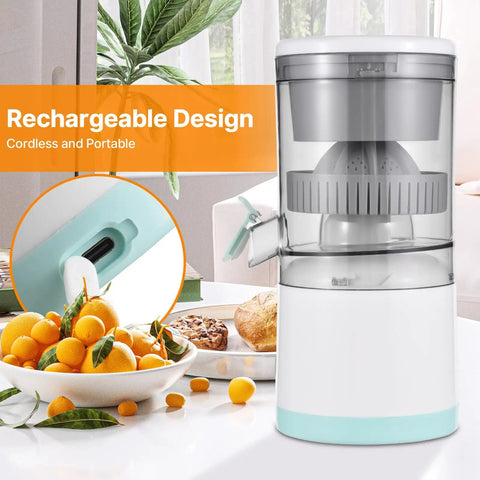 Handheld Citrus Juicer Electric For Oranges Lemons Limes USB Rechargeable Portable Squeezer with clear fruit chamber.