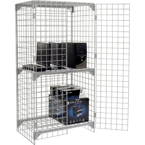 Built Tough Commercial Wire Mesh Security Locker With Heavy Duty Double Doors Premium Adjustable Shelf No Sweat Setup Hella Secure Latch For Shop Warehouse In Durable Gray, storing computers and office supplies.