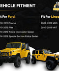 Vehicle fitment guide for Ford Taurus, Flex, Police Interceptor, Lincoln MKS, MKT with yellow off-road vehicles.