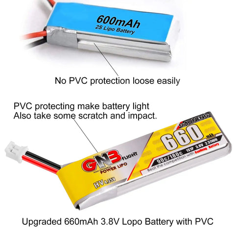 Comparison of 600mAh 2S and Crazy Light 660mAh 1S LiPo Battery Pack with PVC protection for Tiny FPV Drones.