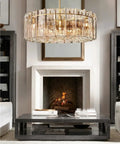Retro American Chrome Brass Hanging Lamp Dimmable LED Pendant with vintage glass design illuminating a cozy living room.