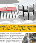 Front view of 21-piece indexable lathe turning tool kit with 3/8 in (10 mm) shank and 14 carbide inserts