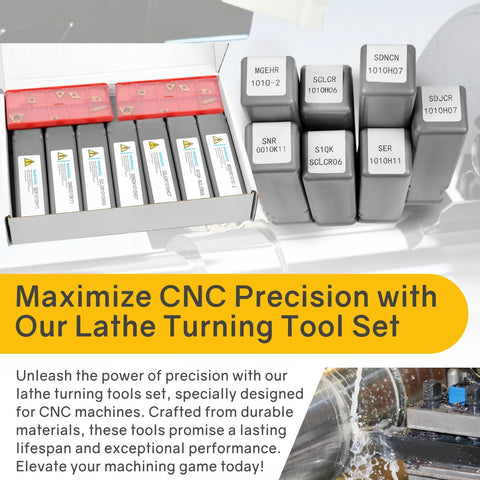 Front view of 21-piece indexable lathe turning tool kit with 3/8 in (10 mm) shank and 14 carbide inserts