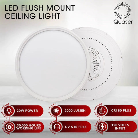 LED Flush Mount Ceiling Light 12 Inch Round Five Color Temperatures Low Profile 2000 Lumen 120 Volt No Buzz Flicker