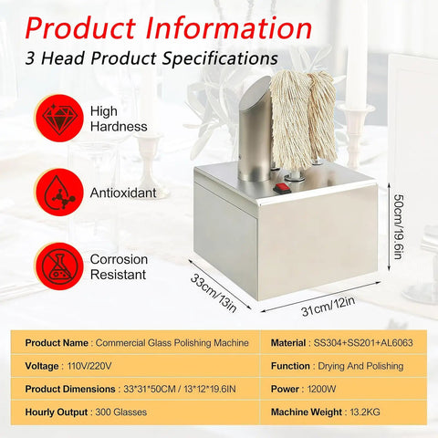 Stainless Steel Glass Polisher Machine For Commercial Use with dimensions and specifications displayed
