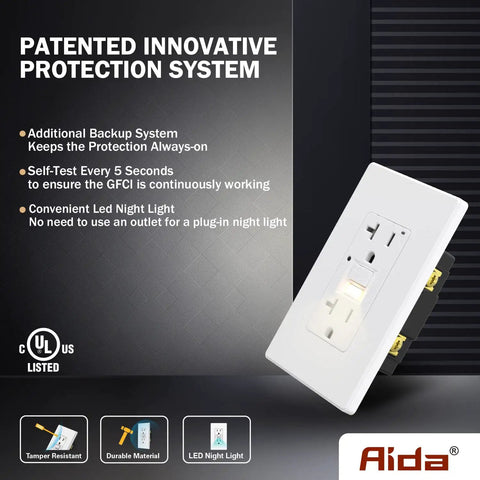 20 Amp GFCI Outlet With Self Test Nightlight, Tamper Resistant Receptacle, LED Indicator, UL Listed, Wall Plate Included, Matte White, 4 Pack For Safer No Fuss Power And Quick Night Light, angled front view