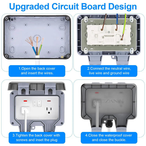 Double Outdoor Electrical Outlet With IP66 Weatherproof Cover, 2-Gang Outdoor Plug Box, Dustproof And Close Enclosed Design For Patios, Gardens, And Decks, Durable Waterproof Power Source For Wet Environments, white plastic enclosure shown open and closed