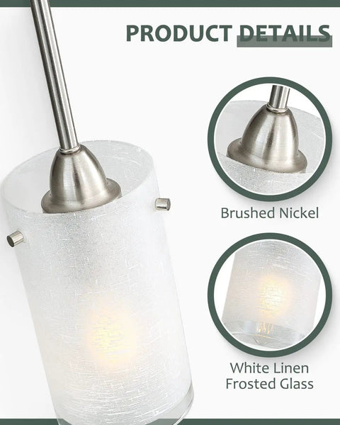 Close-up of brushed nickel finish and white frosted shade on the One Light Mini Pendant With White Frosted Shade, Brushed Nickel Finish.