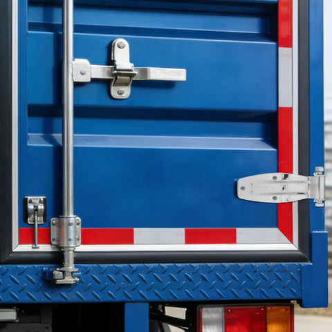Heavy Duty Stainless Steel Hinge For Trucks Trailers And Cargo Containers Built Tough For Long Hauls And Marine Use With Quick Spring Loaded Install Universal Fit For Gates Side Doors Cabinets And Barn Doors mounted on blue trailer door