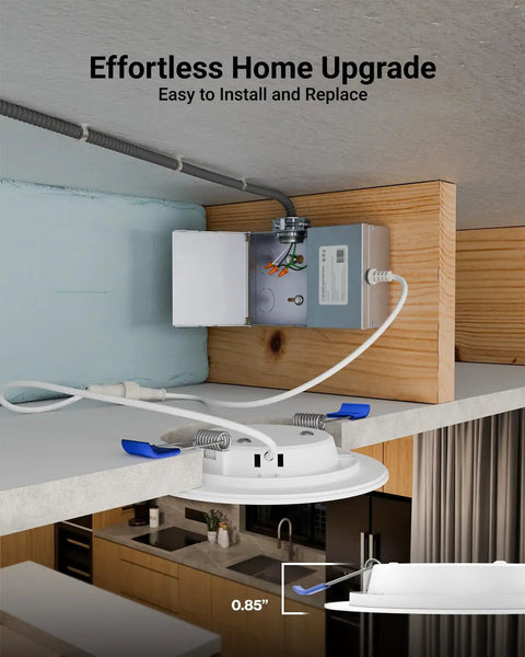 Six Pack 4 Inch LED Recessed Lights Slim Canless Ceiling Fixtures installation with visible junction box detail