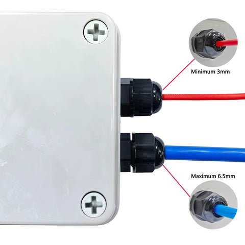 Two Aandxmok waterproof PG7 PA66 cable glands installed on a white electrical box; red and blue cables pass through