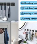 Heavy Duty Adhesive Wall Hooks For Hanging Towels Robes Keys And Clothes In Black 6 Pack Ideal For Bathroom Kitchen Storage No Drilling Mount With Sticky Backing, illustrations in use