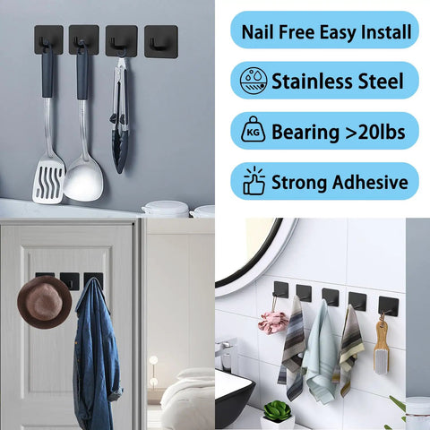 Heavy Duty Adhesive Wall Hooks For Hanging Towels Robes Keys And Clothes In Black 6 Pack Ideal For Bathroom Kitchen Storage No Drilling Mount With Sticky Backing, illustrations in use