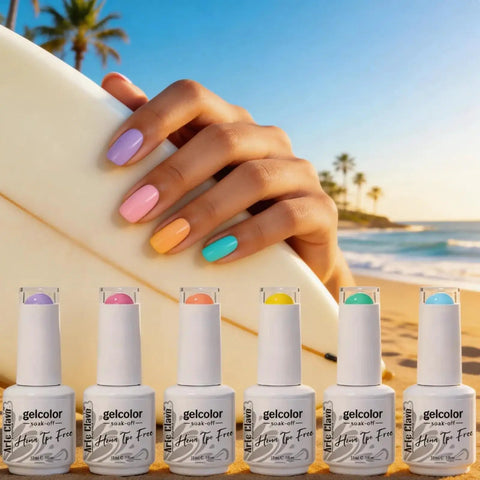Beach scene with Six Candy Colors Gel Nail Polish Set HEMA Free TPO Free Soak Off Gel Polish Kit 15ml UV LED on nails and bottles.