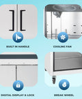 Top Tier Heavy Hitter 54 Inch Double Solid Door Reach In Refrigerator With 49 Cubic Foot Storage And Stainless Steel Finish features built-in handle, cooling fan, digital display, and break wheel.