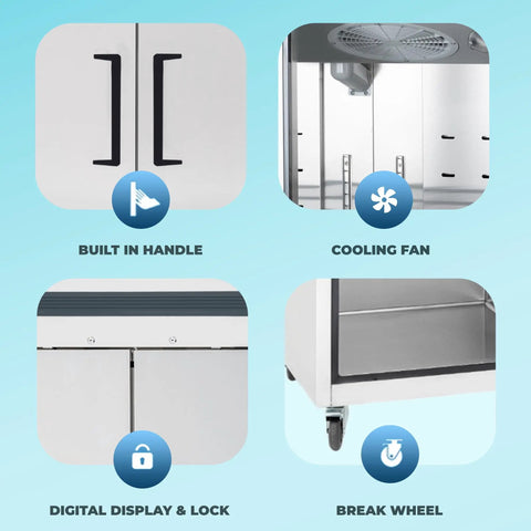Top Tier Heavy Hitter 54 Inch Double Solid Door Reach In Refrigerator With 49 Cubic Foot Storage And Stainless Steel Finish features built-in handle, cooling fan, digital display, and break wheel.