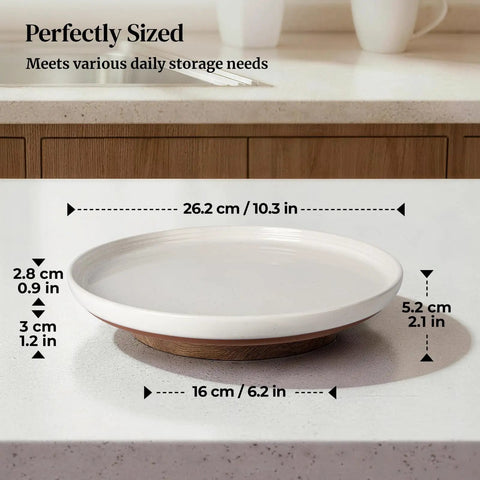 Super Smooth Spinning Ceramic Lazy Susan Tray With Natural Acacia Wood Base Round Rotating Kitchen Counter Organizer And Farmhouse Condiment Holder Totally Game Changer dimensions on countertop.