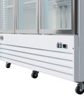 Heavy Duty Triple Glass Door Upright Freezer Merchandiser In Crisp White 52 Cubic Feet with display controls and wheels.