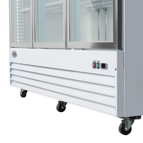Heavy Duty Triple Glass Door Upright Freezer Merchandiser In Crisp White 52 Cubic Feet with display controls and wheels.