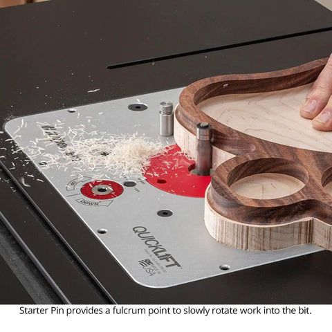Solid As A Rock Aluminum Router Lift With Slick Quick Raise Lever And Hella Precise Crank micro adjustments in use with wood project.