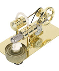 Stirling Engine Model with brushed stainless steel base for kids, classrooms, and science education demonstrating heat to motion.