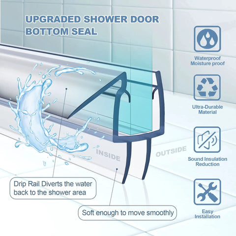 4 Pack Frameless Shower Door Bottom Seal For 3/8 Inch Glass Clear PVC Seal Strip with water barrier and installation features