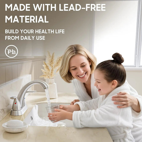 Mother and child using Brushed Nickel Centerset 4 Inch Bathroom Faucet For 2 Or 3 Holes Stainless Steel Dual Handle With Copper Pop Up Drain And Water Supply Lines Included Easy Install Durable Modern Vanity Sink Faucet