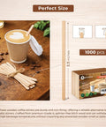 Top Shelf 1000 Piece Heavy Duty Birchwood Coffee Stirrers beside a coffee cup, measuring 5.5 inches, perfect for hot and cold brews.
