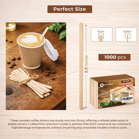Top Shelf 1000 Piece Heavy Duty Birchwood Coffee Stirrers beside a coffee cup, measuring 5.5 inches, perfect for hot and cold brews.